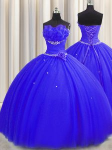 Nice Handcrafted Flower Sleeveless Tulle Floor Length Lace Up Quinceanera Dress in Royal Blue with Beading and Ruching and Hand Made Flower