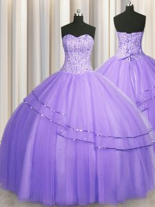 Visible Boning Big Puffy Sweetheart Sleeveless Lace Up Vestidos de Quinceanera Lavender Tulle