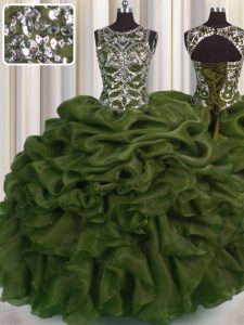 Stunning See Through Floor Length Olive Green Vestidos de Quinceanera Organza Sleeveless Beading and Pick Ups