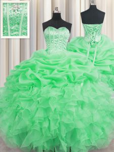 Glamorous Visible Boning Ball Gowns Sweetheart Sleeveless Organza Floor Length Lace Up Beading and Ruffles and Pick Ups Quinceanera Dresses