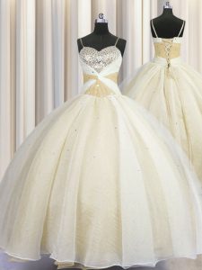 Champagne Quinceanera Gown Military Ball and Sweet 16 and Quinceanera and For with Beading and Ruching Spaghetti Straps Sleeveless Lace Up