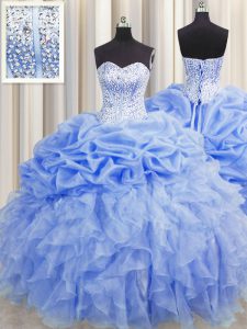 Nice Visible Boning Baby Blue Lace Up Sweetheart Ruffles and Pick Ups Quince Ball Gowns Organza Sleeveless