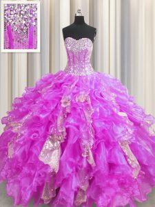Visible Boning Lilac Sweetheart Lace Up Beading and Ruffles and Sequins Quinceanera Gowns Sleeveless