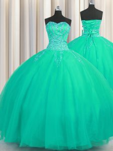 Hot Selling Really Puffy Sleeveless Floor Length Beading Lace Up Quinceanera Dress with Turquoise