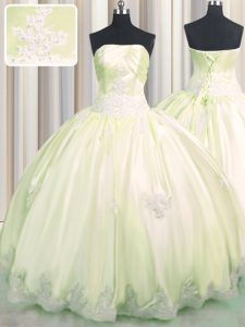 Light Yellow Sleeveless Taffeta Lace Up Quinceanera Gown for Military Ball and Sweet 16 and Quinceanera