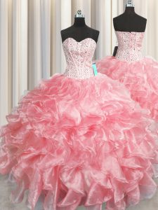 Visible Boning Zipper Up Organza Sleeveless Floor Length Ball Gown Prom Dress and Beading and Ruffles