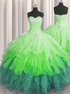 Multi-color Organza Lace Up Sweetheart Sleeveless Floor Length Sweet 16 Quinceanera Dress Beading and Ruffles and Ruffled Layers and Sequins