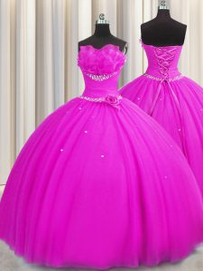 Adorable Handcrafted Flower Fuchsia Quinceanera Gowns Military Ball and Sweet 16 and Quinceanera and For with Beading and Sequins and Hand Made Flower Strapless Sleeveless Lace Up
