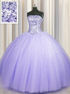 Puffy Skirt Lavender Strapless Lace Up Beading and Sequins Ball Gown Prom Dress Sleeveless