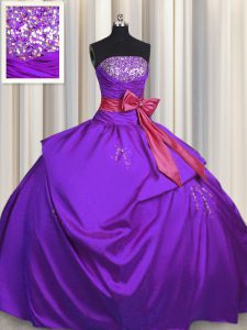 Fabulous Purple Ball Gowns Strapless Sleeveless Taffeta Floor Length Lace Up Beading and Bowknot Sweet 16 Quinceanera Dress
