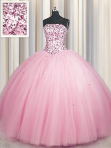 Superior Big Puffy Pink Ball Gowns Strapless Sleeveless Tulle Floor Length Lace Up Sequins Quinceanera Gown