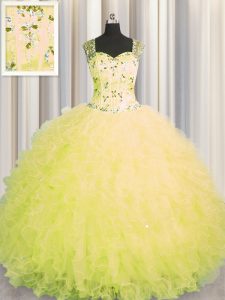 Spectacular See Through Zipper Up Yellow Zipper 15th Birthday Dress Beading and Ruffles Sleeveless Floor Length