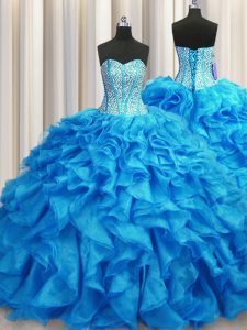 Fitting Visible Boning Baby Blue Quince Ball Gowns Military Ball and Sweet 16 and Quinceanera and For with Beading and Ruffles Sweetheart Sleeveless Brush Train Lace Up