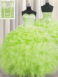 Extravagant Pick Ups Visible Boning Floor Length Ball Gowns Sleeveless Yellow Green 15th Birthday Dress Lace Up
