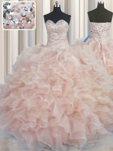 Admirable Champagne Sweetheart Neckline Beading and Ruffles Quince Ball Gowns Sleeveless Lace Up