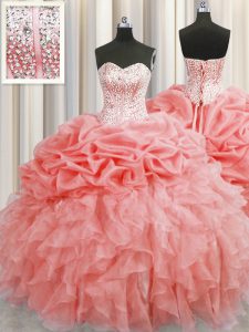New Style Pick Ups Visible Boning Floor Length Ball Gowns Sleeveless Watermelon Red Sweet 16 Dress Lace Up