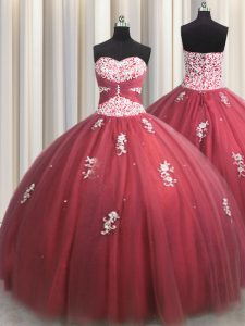 Captivating Ball Gowns Sweet 16 Dress Wine Red Sweetheart Tulle Sleeveless Floor Length Lace Up