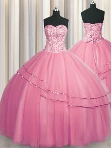 Visible Boning Big Puffy Rose Pink Sleeveless Beading Floor Length Quinceanera Gowns