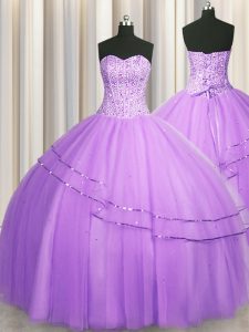 Flirting Visible Boning Puffy Skirt Lilac Lace Up Sweetheart Beading Dama Dress for Quinceanera Tulle Sleeveless
