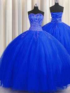 Wonderful Puffy Skirt Royal Blue Lace Up Quinceanera Gowns Beading Sleeveless Floor Length