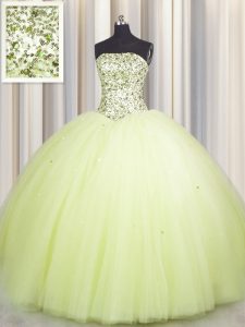 Lovely Big Puffy Light Yellow Lace Up Quince Ball Gowns Beading and Sequins Sleeveless Floor Length