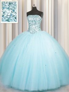 Cheap Really Puffy Strapless Sleeveless Tulle Quinceanera Gown Beading and Sequins Lace Up