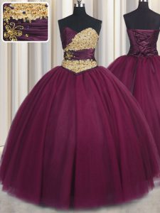 Adorable Sleeveless Tulle Floor Length Lace Up Quinceanera Gowns in Burgundy with Beading and Appliques