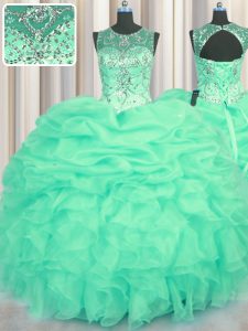 See Through Scoop Sleeveless Lace Up Quinceanera Gown Turquoise Organza