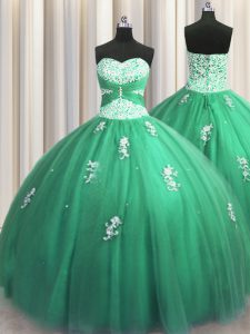 Customized Turquoise Lace Up Quinceanera Dresses Beading and Appliques Sleeveless Floor Length