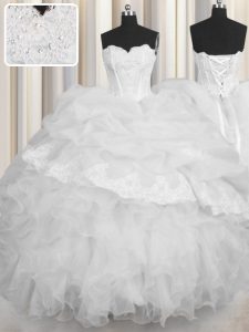 Spectacular White Ball Gowns Beading and Appliques and Ruffles and Pick Ups Quinceanera Gown Lace Up Organza Sleeveless Floor Length