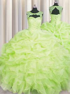 New Style Scoop Floor Length Yellow Green Quinceanera Dress Organza Sleeveless Beading and Pick Ups