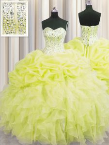 Visible Boning Sleeveless Floor Length Beading and Ruffles Lace Up Vestidos de Quinceanera with Yellow