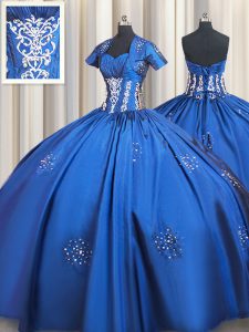 Glamorous Blue Sweetheart Neckline Beading and Appliques Quinceanera Gowns Short Sleeves Lace Up