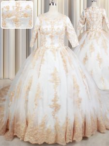 Scoop White Half Sleeves Court Train Beading and Lace and Appliques Quinceanera Dresses