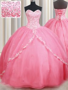 Elegant Watermelon Red Lace Up Sweet 16 Dresses Beading and Appliques Sleeveless With Brush Train