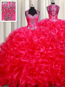 Straps Sleeveless Organza Floor Length Zipper Sweet 16 Dresses in Red with Beading and Ruffles