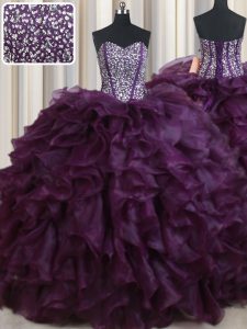 Sleeveless Floor Length Beading and Ruffles Lace Up Quinceanera Gown with Dark Purple