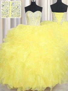 Beading and Ruffles Quince Ball Gowns Yellow Lace Up Sleeveless Floor Length