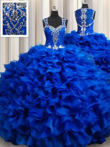 Customized Royal Blue Straps Lace Up Beading and Appliques and Ruffles Sweet 16 Dress Sleeveless
