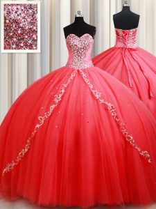 Floor Length Coral Red Vestidos de Quinceanera Sweetheart Sleeveless Lace Up
