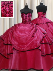 Dramatic Red Satin Lace Up Vestidos de Quinceanera Sleeveless Floor Length Beading and Appliques and Ruffled Layers