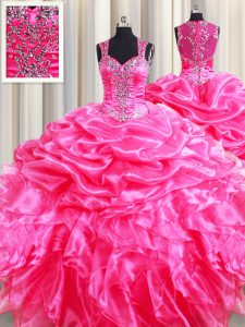 Straps Hot Pink Ball Gowns Beading and Ruffles and Pick Ups Quinceanera Dress Zipper Organza Sleeveless Floor Length
