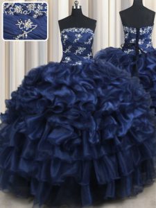 Navy Blue Ball Gowns Organza Strapless Sleeveless Appliques and Ruffles and Pick Ups Floor Length Lace Up Quinceanera Gown