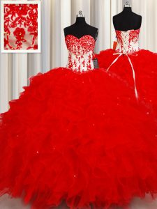 Floor Length Lace Up Quince Ball Gowns Red for Military Ball and Sweet 16 and Quinceanera with Beading and Appliques and Ruffles and Sequins