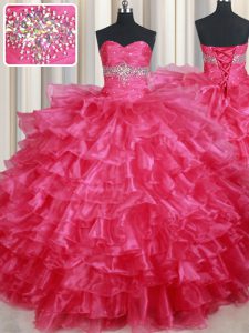 Glamorous Coral Red Ball Gowns Organza Sweetheart Sleeveless Ruffled Layers Floor Length Lace Up Ball Gown Prom Dress