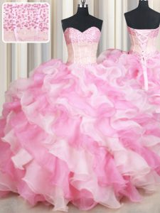 Cheap Pink And White Sweetheart Lace Up Beading and Ruffles 15th Birthday Dress Sleeveless