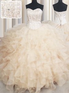 Trendy Champagne Lace Up Quinceanera Gowns Beading and Ruffles Sleeveless Floor Length