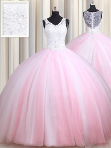 Straps Floor Length Ball Gowns Sleeveless Pink And White Sweet 16 Quinceanera Dress Zipper