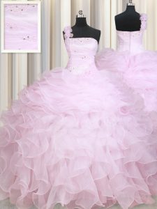 Artistic Organza One Shoulder Sleeveless Zipper Beading and Ruffles Quinceanera Gown in Baby Pink