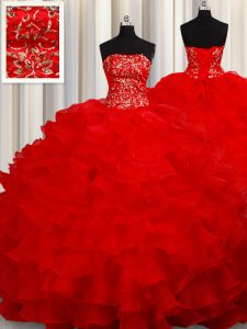 Fantastic Red Organza Lace Up Sweet 16 Dress Sleeveless Floor Length Beading and Embroidery and Ruffles